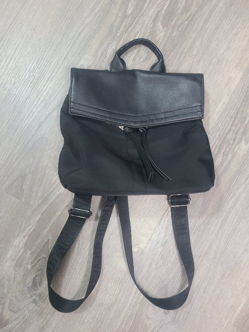 Botkier New York Warren Black Nylon MiniBackpack Pebbled Leather Flap Logo Strap